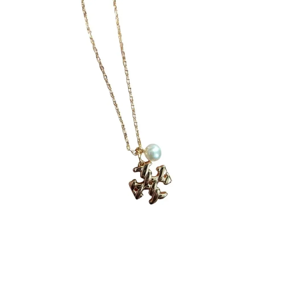 NWT Tory Burch Textured Rope Pearl Pendant Necklace Gold